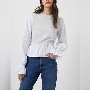 French Connection White and Gray Ruffle Blouse